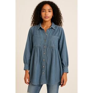 Free People Vintage Denim Button Front Boho Pockets Yoke Pintucks Long Sleeve XS